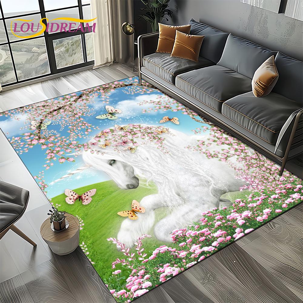 Unicorn Cartoon Cute 3D Dream Girl Carpet Rug for Living Room Bedroom Home Sofa Decoration,Kid Area Rug Non-slip Floor Mat Gift