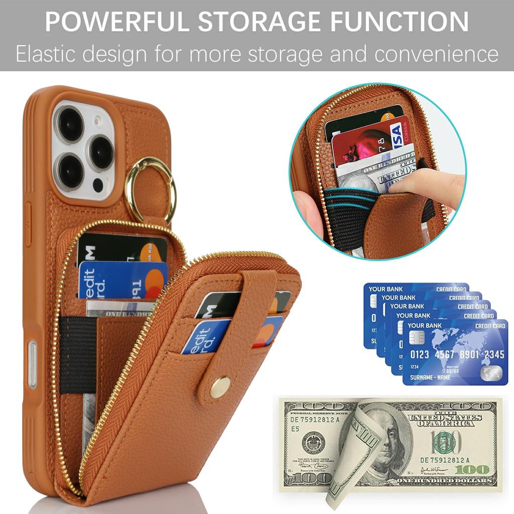 For iPhone 16 Pro Case with Zipper Pouch/Ring Kickstand/Strap Litchi Texture PU + TPU Phone Cover