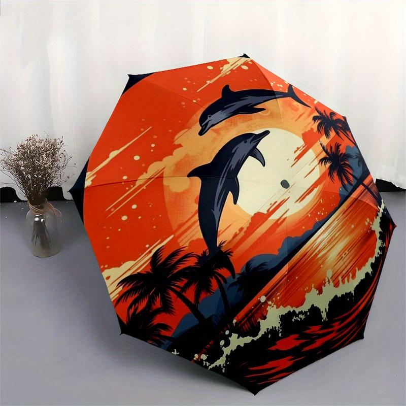 Sunset Adventure: Dolphins Leaping Over Palm Trees StickerUmbrella, Portable 3-Fold Umbrella for Men & Women,Christmas Gift ES169