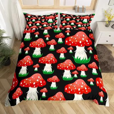 Cute Mushroom Duvet Cover Set Microfiber Hippie Theme Exotic Plant Mushrooms Bedding Set Kawaii Fungus Comforter Cover Twin King