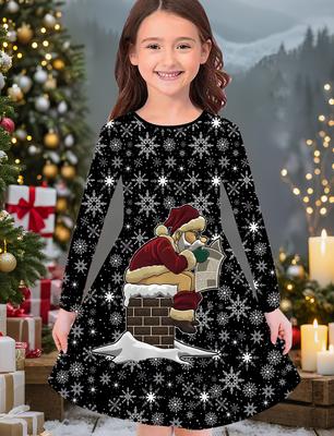 Girls' Autumn and Winter Fashion Dress, 3D Christmas Print Round Neck Long Children's T-shirt Dress, Casual Versatile, Christmas Clothing