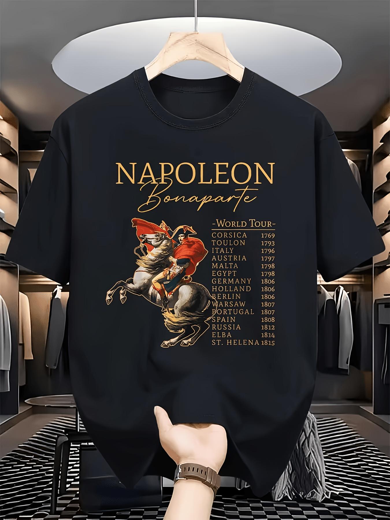 French and German Retro Men s Printed T-shirt - Napoleon Bonaparte World Tour 1769-1815 Historical Year Design Street Style -... S