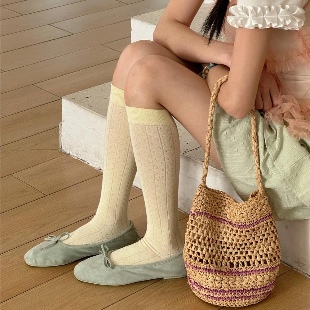 Solid Color Long Socks Stockings Women Cotton Thin Breathable Knee Socks JK Japanese Style Black White Gray Socks Women Stocking