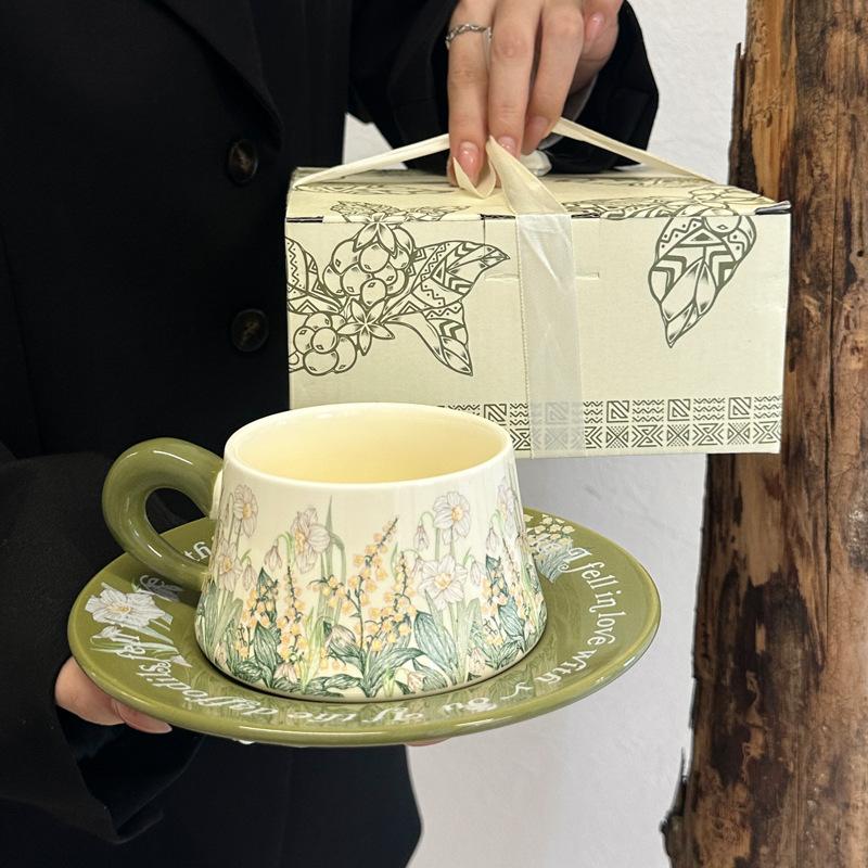 Green Lily of the Valley Mug Ceramic Coffee Cup Saucer Set Gift Box Girls Birthday Gift Mid-Autumn Festival Souvenir