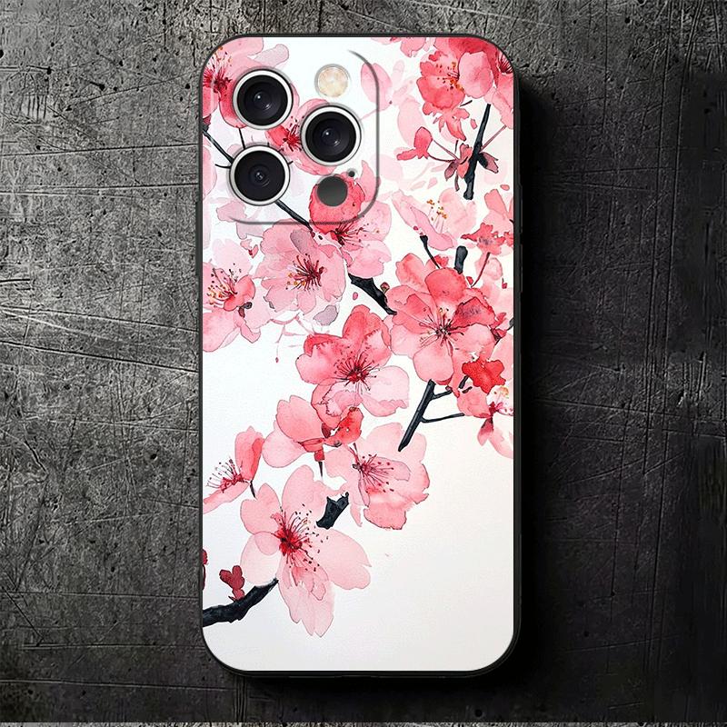 Cherry Blossom Sakura Fashion Soft Phone Case for iPhone 16 16E 17 Air 15 Pro Max 14 Plus 13 Mini 11 12 7 Black Cover Back Shell