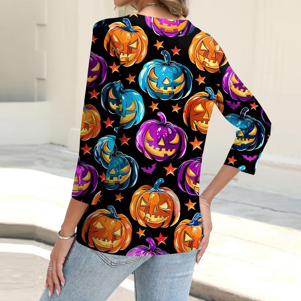 Women's Fashion Casual Print Button-down Shirt 3/4 Long Sleeve Tops