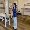 French Hanging Neck Floral V-neck Vest Shirt Women's Skirt Swinging Kink Waist Tight Chic Sweet Spicy Top
