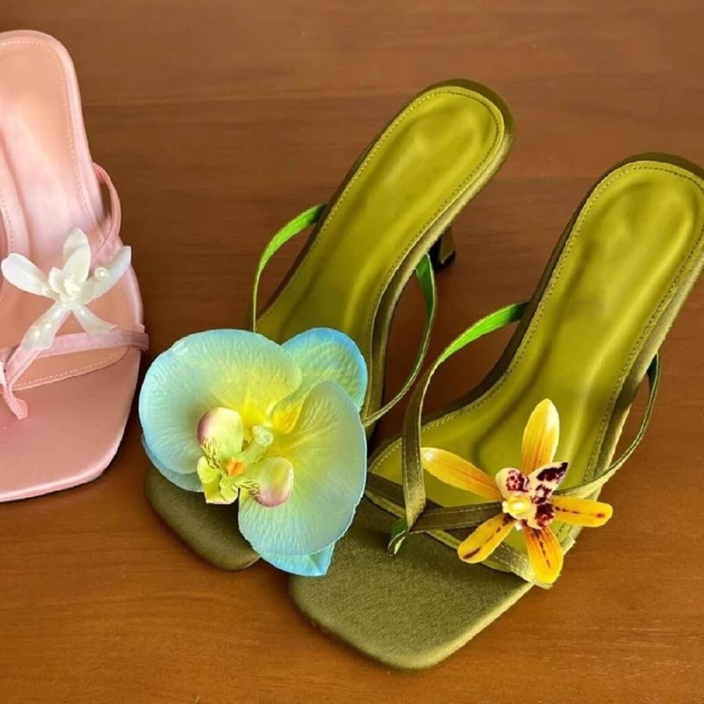 Flowers Decoration Flip Toe Slippers Sexy Square Toe Thin Heel Corss Tied Slip On New Arrivals Fashion Women Shoes