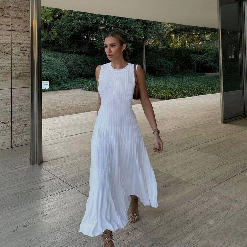 Pleated Long Skirt Summer Women clothes Slim fit High Waist Sling Knitted dress Vacation Pleated Long dress
