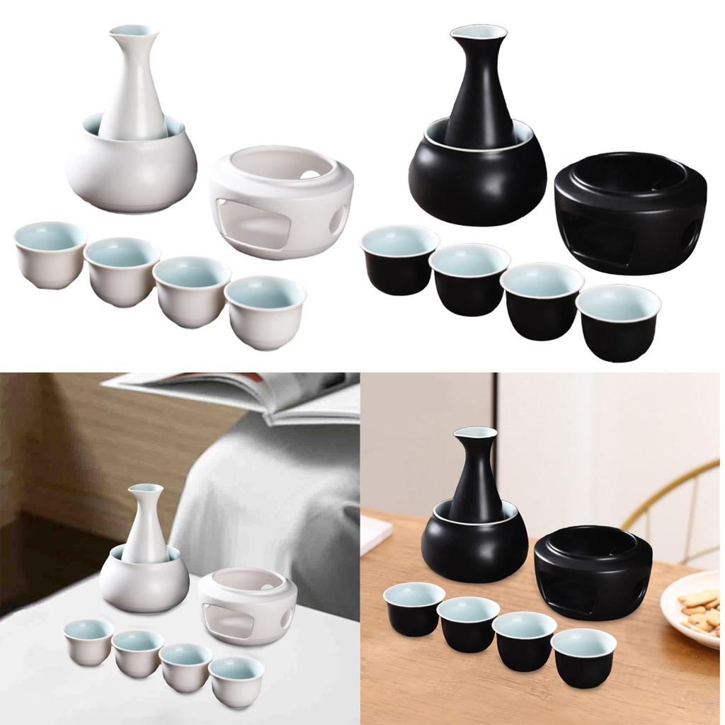 -Sake-Set, Tassen mit Wärmer, Traditionelle Wärmeschale, 4 Tassen Sake-Getränk, Porzellan Keramik Geschenk für Restaurants, Zuhause