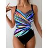 Colorful Rainbow Stripe Print One Piece Swimsuit V Neck Ruched Tie Side High Cut Monokini