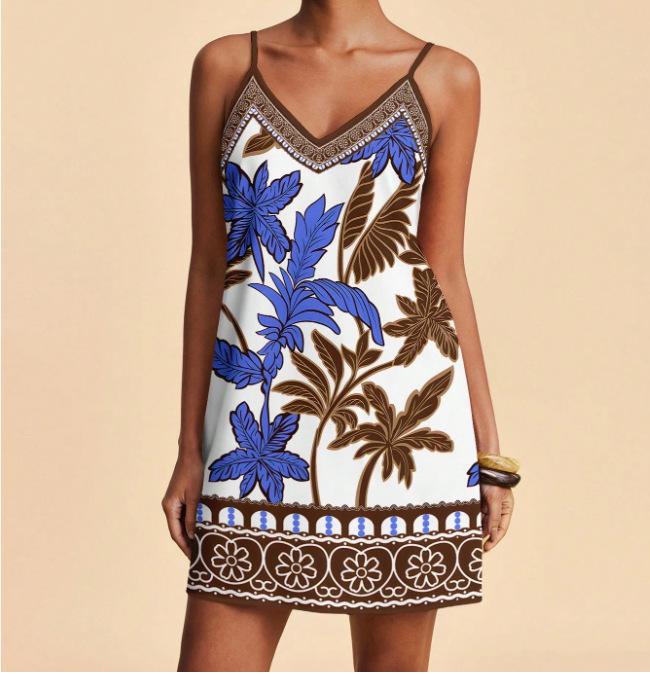 2026 Summer Fashion Casual Spaghetti Strap Printed V-Neck Slim Fit Dress for Women