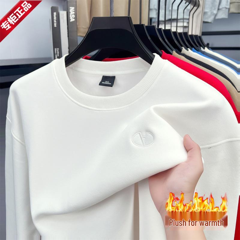 High-End Men's Royal Blue Embroidered Sweatshirt, Round Neck, Velvet-Lined for Autumn/Winter Warmth