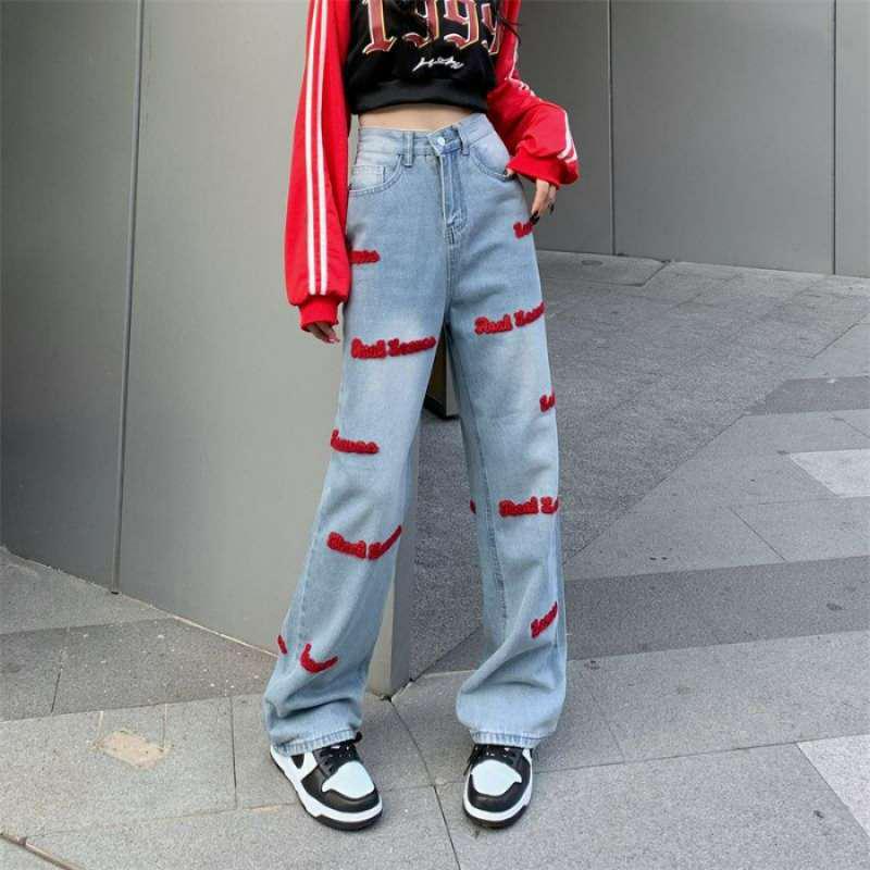 

Red Embroidered Letter High-Waisted Wide-Leg Denim Pants for Women - Casual Slimming Fit for Spring and Autumn M джинсовый синий