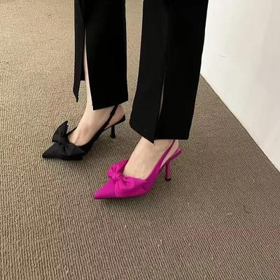 2025 Summer Brand Women Slingback Sandals Heeled Shoes Bow-knot Pointed Toe Slip On Ladies Elegant Dress Pumps Shoes