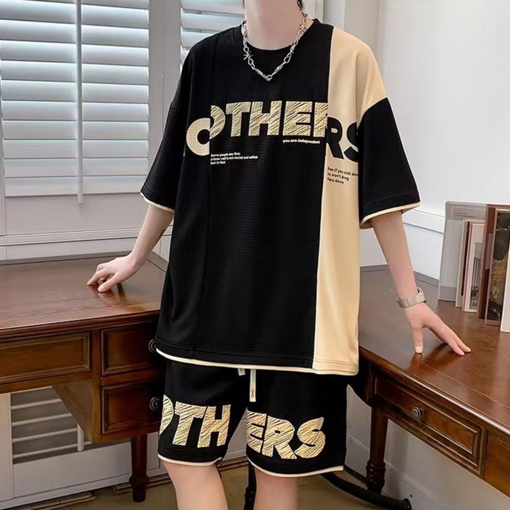 2Pcs/Set Men Summer Casual Outfit O-neck Short Sleeve T-shirt Elastic Drawstring Waist Wide Leg Shorts Set Patchwork Color Lette
