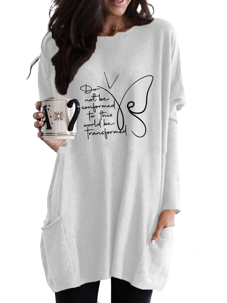 Women's Long Tunic with Pockets Loose Fit Printed Logn Sleeve Top