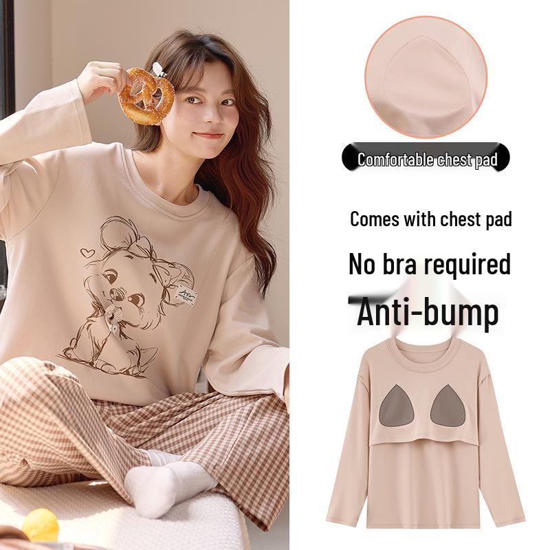 Piżama damska z długim rękawem i nadrukiem w kreskówkowe wzory, z wkładką na klatkę piersiową – uroczy komplet z okrągłym dekoltem do noszenia w domu lub na okrycia wierzchnie wiosną, jesienią i zimą