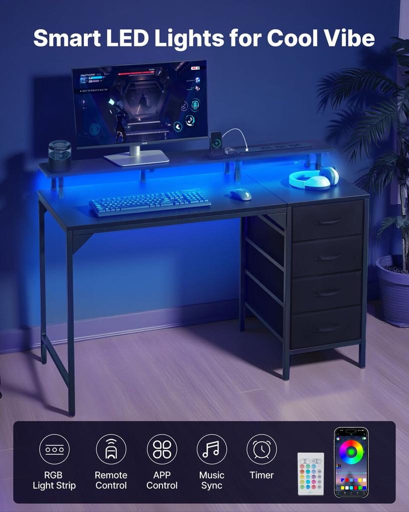 Biurko Komputerowe 120 cm ze Smart Oświetleniem LED i Gniazdkami, Biurko Gamingowe Office z 4 Dużymi Szufladami, Podstawka pod Monitor, do Nauki Pracy dla Domowego Biura,
