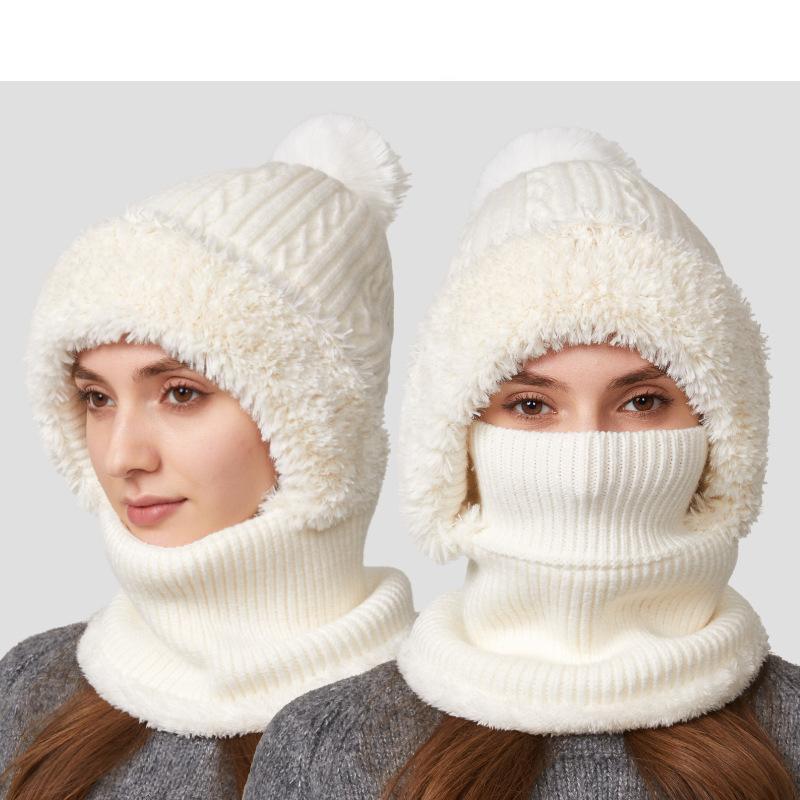High Stretch Solid Color Knitted Mask Scarf All-In-One Hat Women's Winter Cycling Windproof Warm Hat