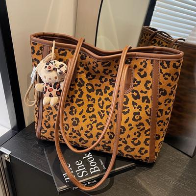 Large Capacity Retro Leopard Print Tote Bag Fashionable And Simple Style Shoulder Bag Portable Women'S Bag