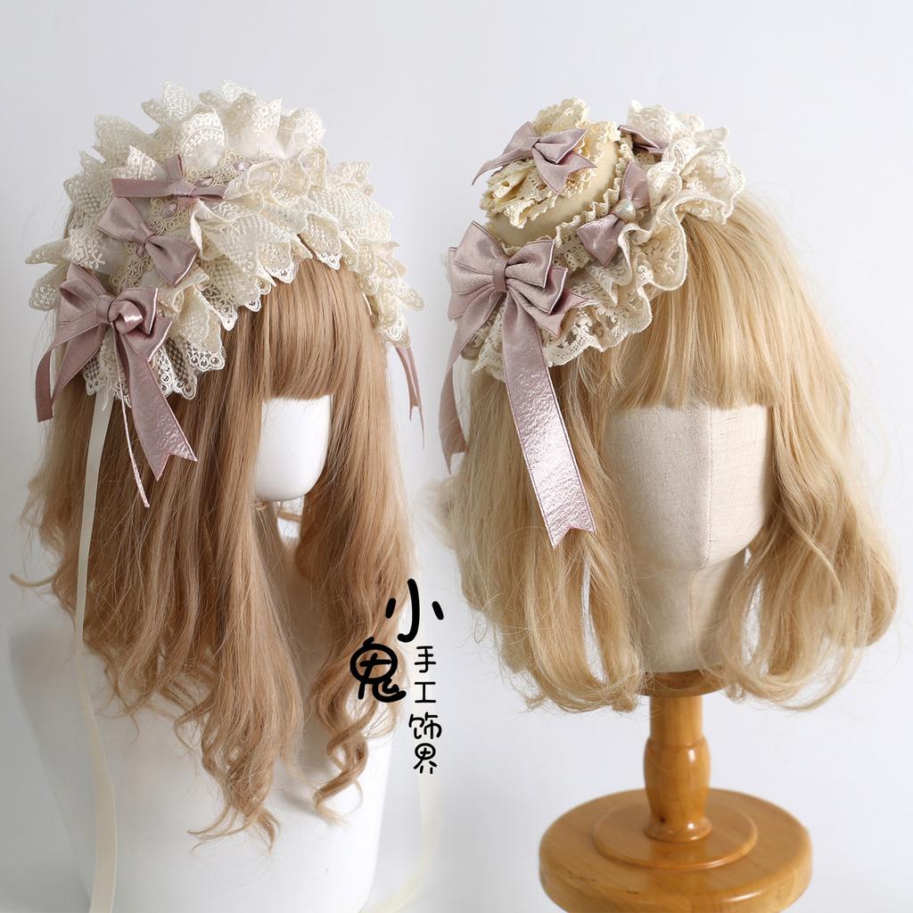 Cream Lolita Original Bow Lace Top Hat Flower Balls Hairpin Veil KC Pillow Ribbon Headband