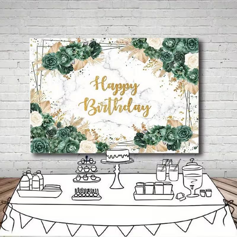 2D Marble Green Gold Birthday Photography Background, 2D Flat Printing Floral Backdrop