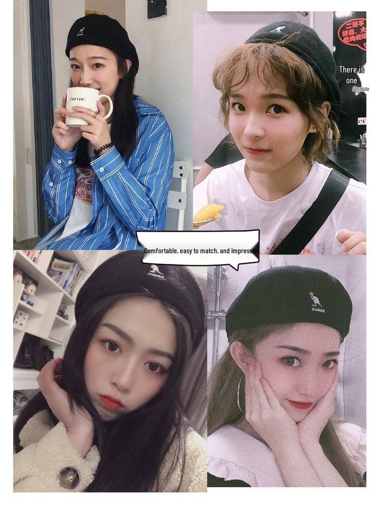 Korean Style Wool Beret with Kangaroo Embroidery - Trendy Newsboy Cap