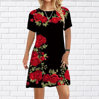 Women Casual Dress Summer Orange Roses Print Dresses For Women O-neck Short Sleeve Dress Plus Size
