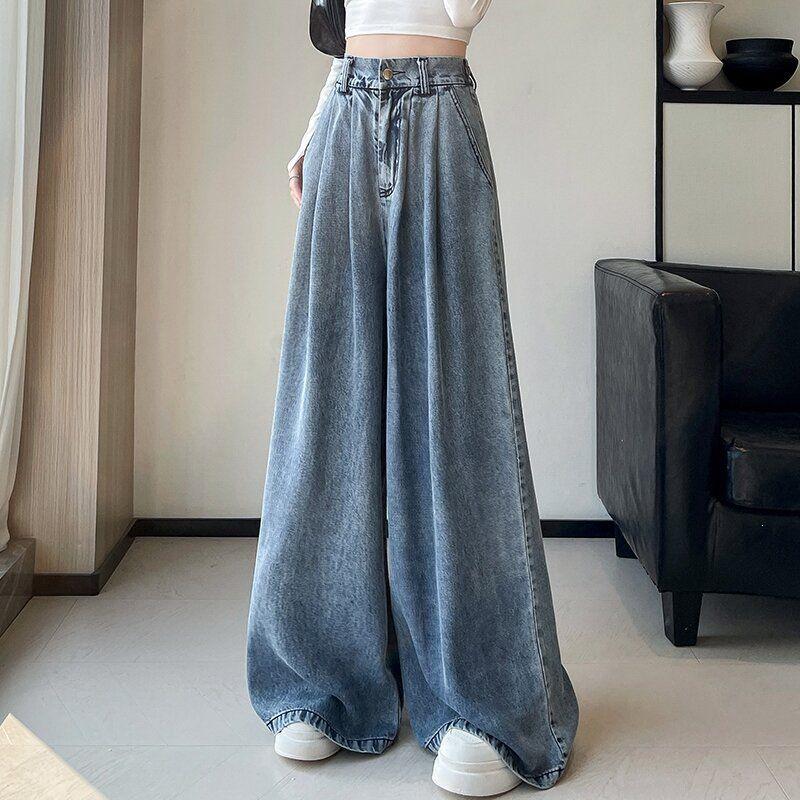 Plus Size Tencel Wide-Leg Jeans for Pear-Shaped and Tall Women - Loose, Floor-Length, Spring/Summer S светло-синий