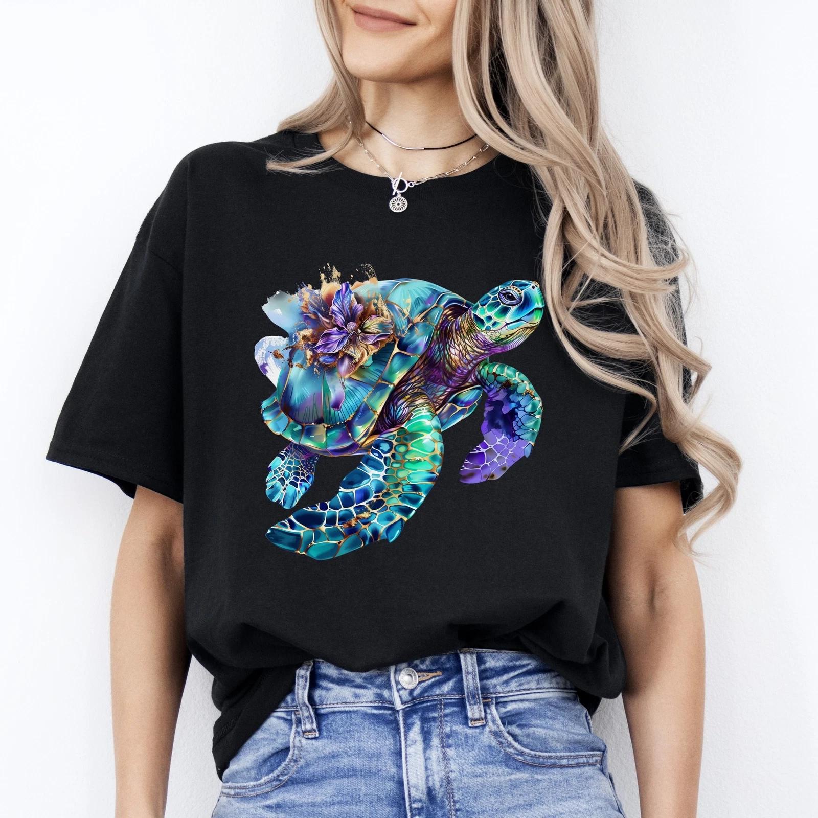Turquoise Turtle T-Shirt gift Old swimming turtle deep sea Unisex tee Black Navy XL