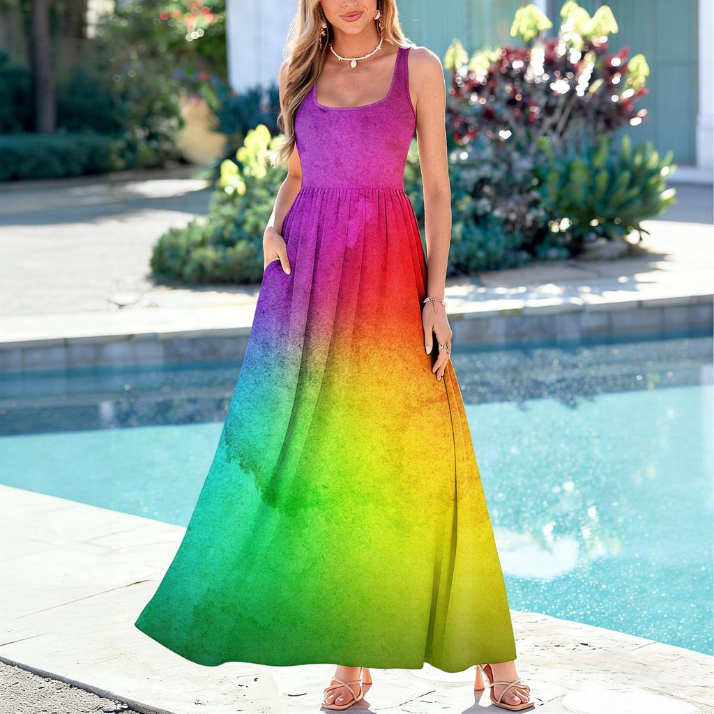 Women's Sleeveless Maxi Dress Summer Casual Long Dress Tie-Dye Print Round Neck Relaxed Fit Lightweight Fabric