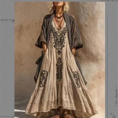 New Bohemian V-neck Printed Long Dress Loose Sunscreen Blouse Seaside Vacation Beach Dress