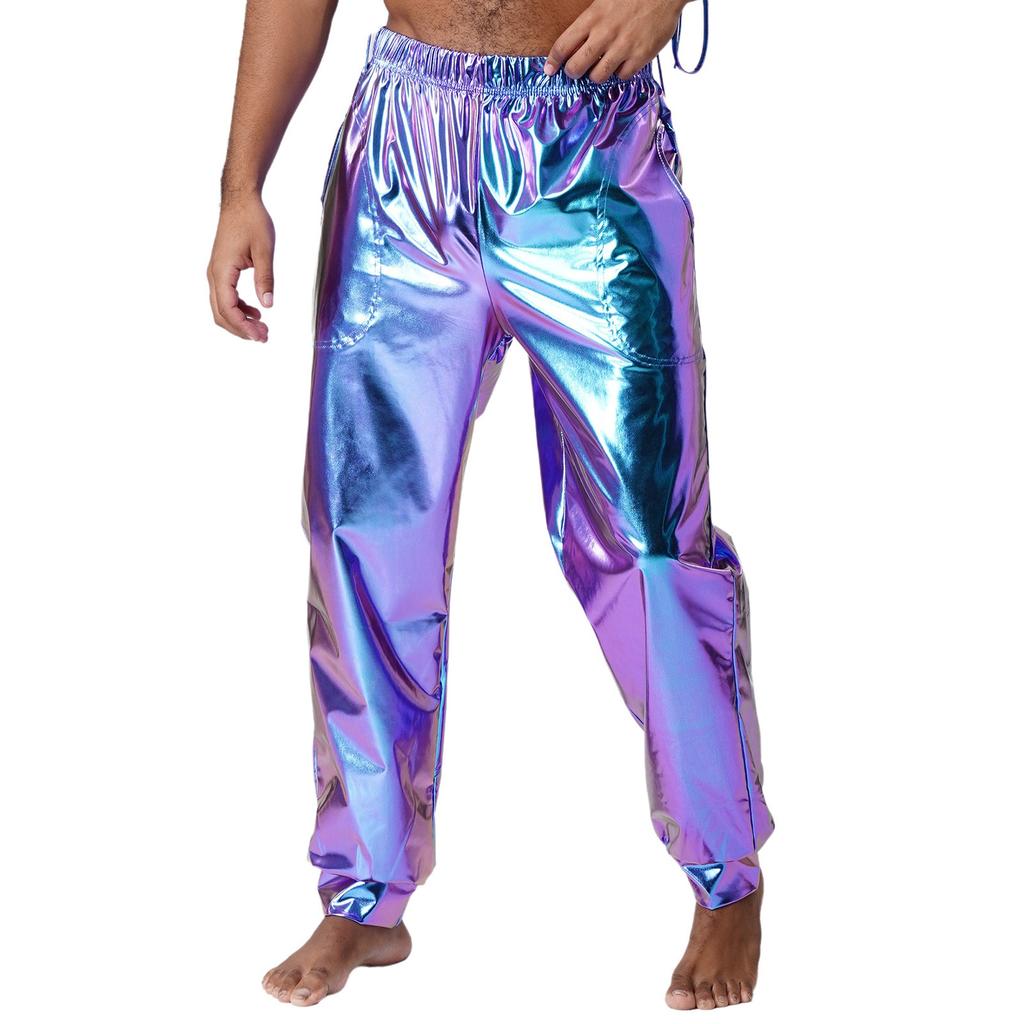 Mens Shiny Sport Pants Metallic High Waist Elastic Waist Loose Fit Modern Dance Pants Performance Wear