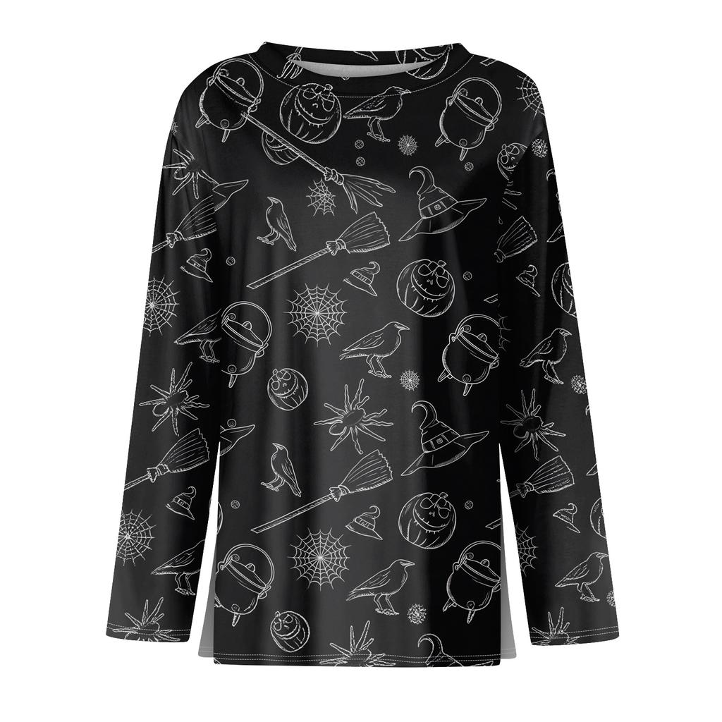 Women's Long Sleeve Round Neck Top with Halloween Print and Side Split Hem