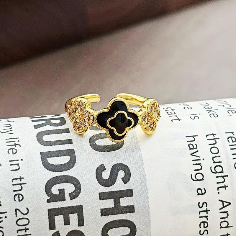 Niche High-End Zircon Enamel Dripping Oil Dark Four-Leaf Clover Open Ring, Female Delicate Personality Stacked Index Finger Ring