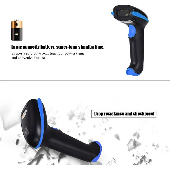 WoneNice Barcode Scanner Wireless 2-in-1 (2.4Ghz Wireless+USB 2.0 Wired) Handheld Bar Code Scanner Reader (Blue)