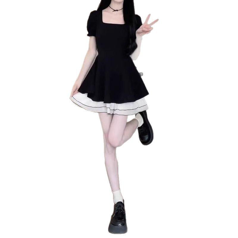 Hepburn style black dress women's summer new coffee break French small waist princess fluffy short dress
