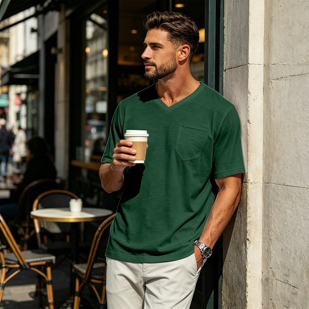 Herren Freizeit Hemd mit V-Ausschnitt, Leicht, Atmungsaktiv, Kurzen Ärmeln, Brusttasche, Weichem Stoff, Bequemer Passform, Sommer Top