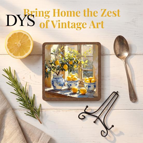 Vintage Lemon Oil Painting Decor Wooden Tabletop Sign, Pastoral Farmhouse Decorative Plaque with Handcrafted Art Iron Stand, Rustic Desktop