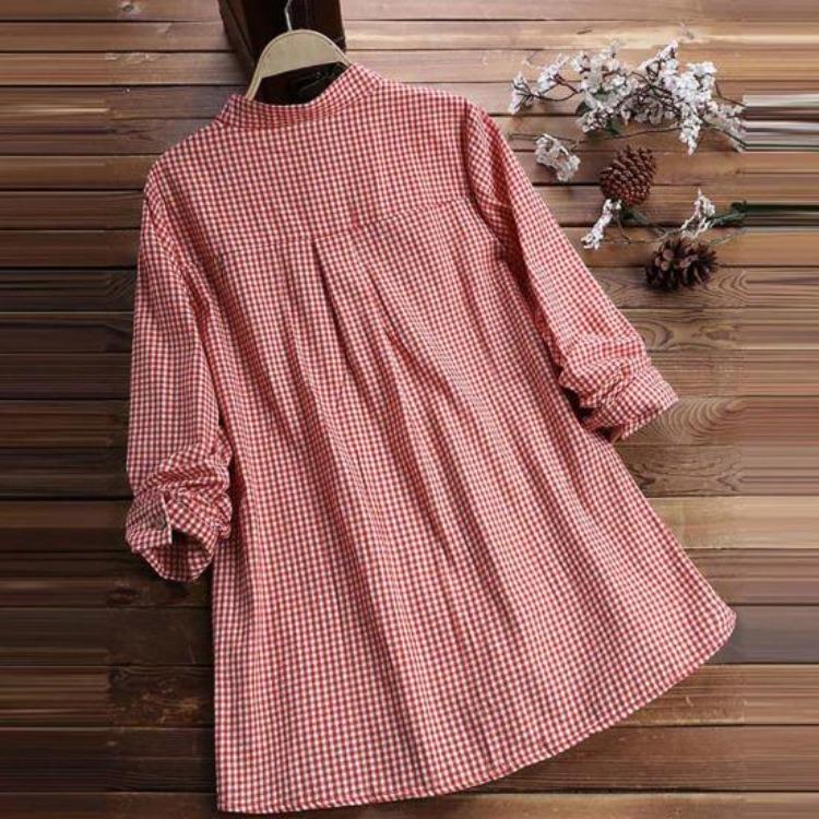 Plus Size Women Casual Loose Swing Blouse Plaid Tunic Tops Long Sleeve Button Up Lapel Pleated Flowy T Shirts