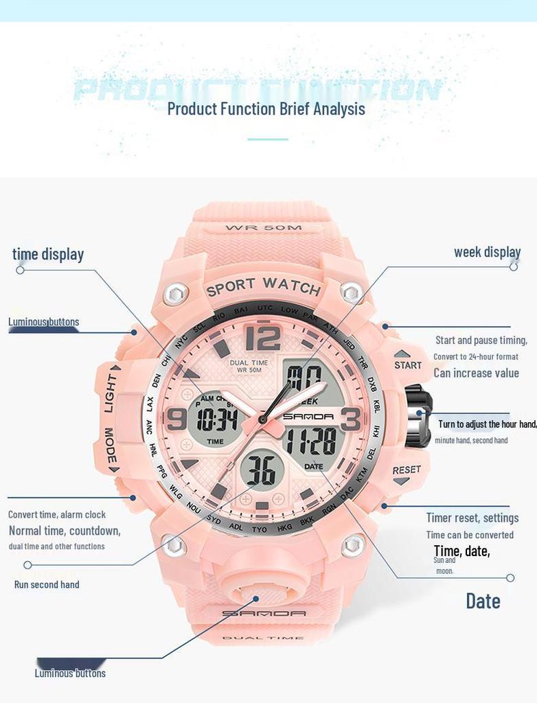 SANDA Women's Trendy LED Dual Display Waterproof Watch with Hourly Chime