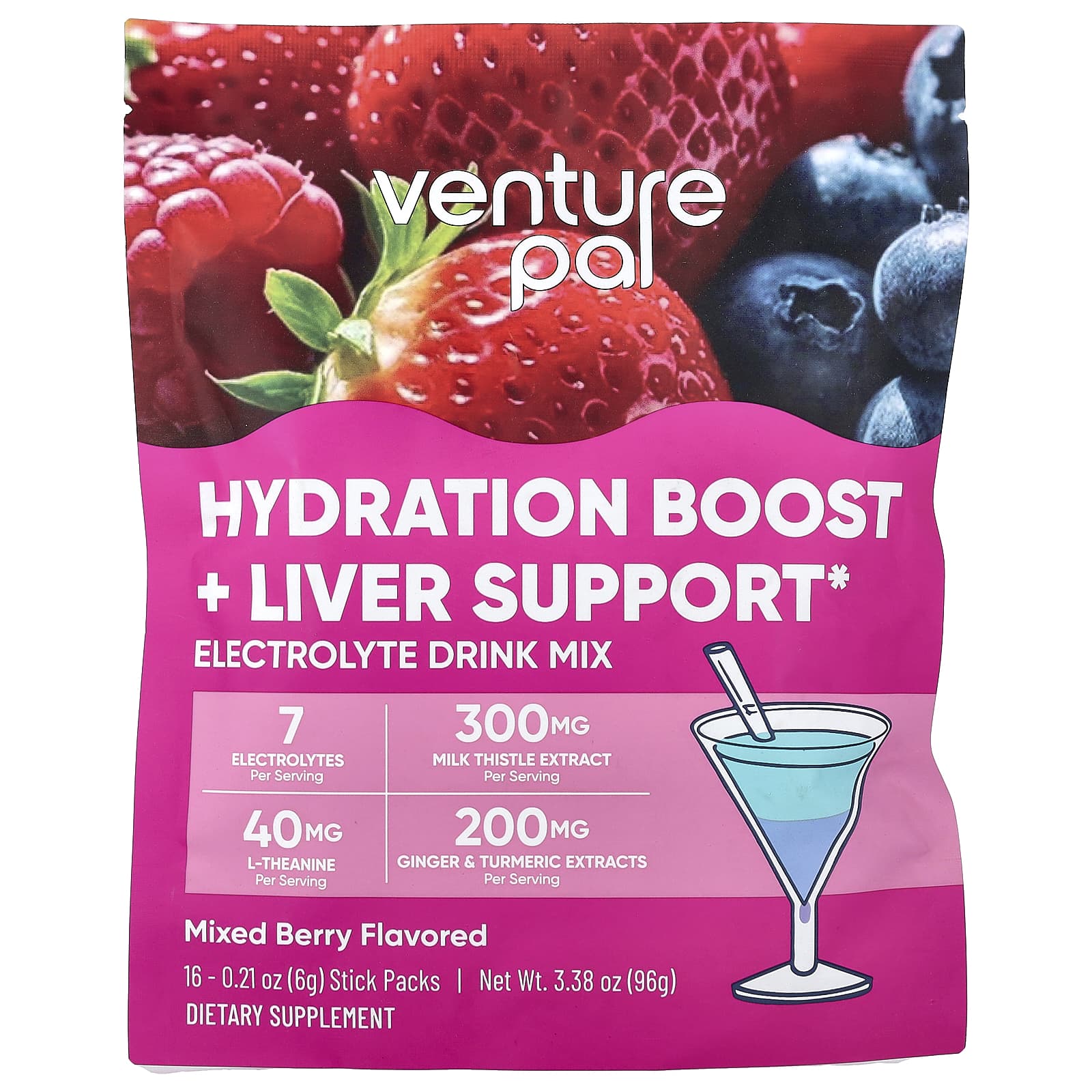 

Venture Pal, Hydration Boost + Liver Support, Electrolyte Drink Mix, Mixed Berry, 16 Stick Packs, 6g (0.21oz) Each