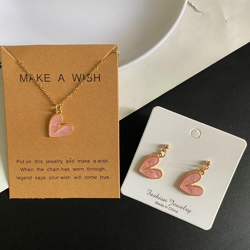 Pink Color Love Heart Pendant  Necklace Earrings Zircon Set Cute Romantic Fresh Color Choker Necklace Gift For Friend Wholesale