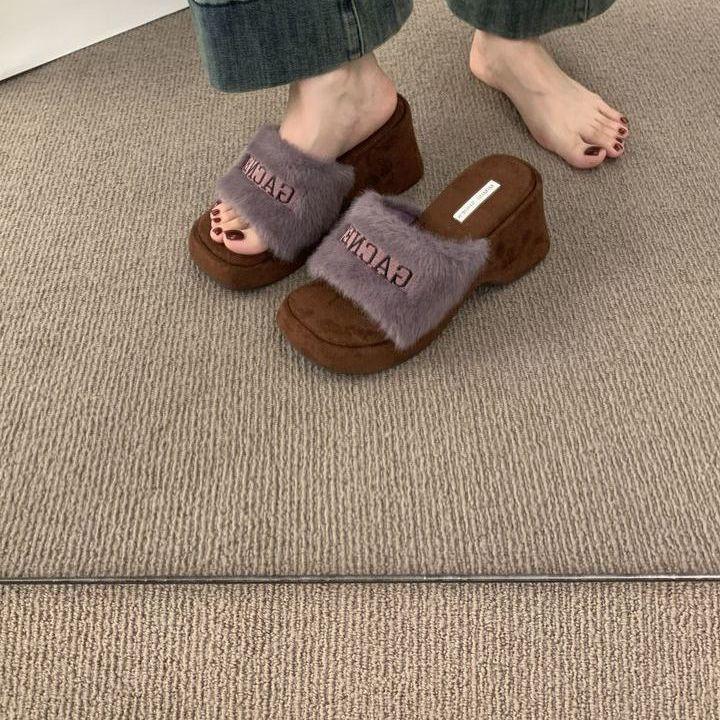 Internet celebrity explosion fairy wind letter word with mink hair hair slippers women wear thick-soled wedge heel heightening cotton shoes