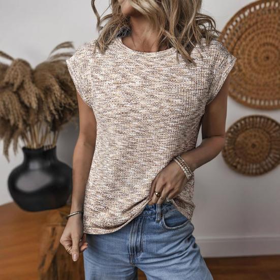 Women Tops Round Neck Short Sleeves Waffle Texture T-shirt Pure Color Loose Fit Knitted