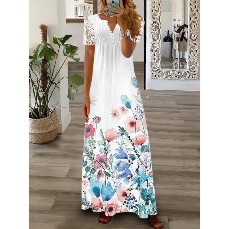 Women's Maxi Dress Lace V-Neck Hollow Short Sleeve Long Dress Summer Loose Dress