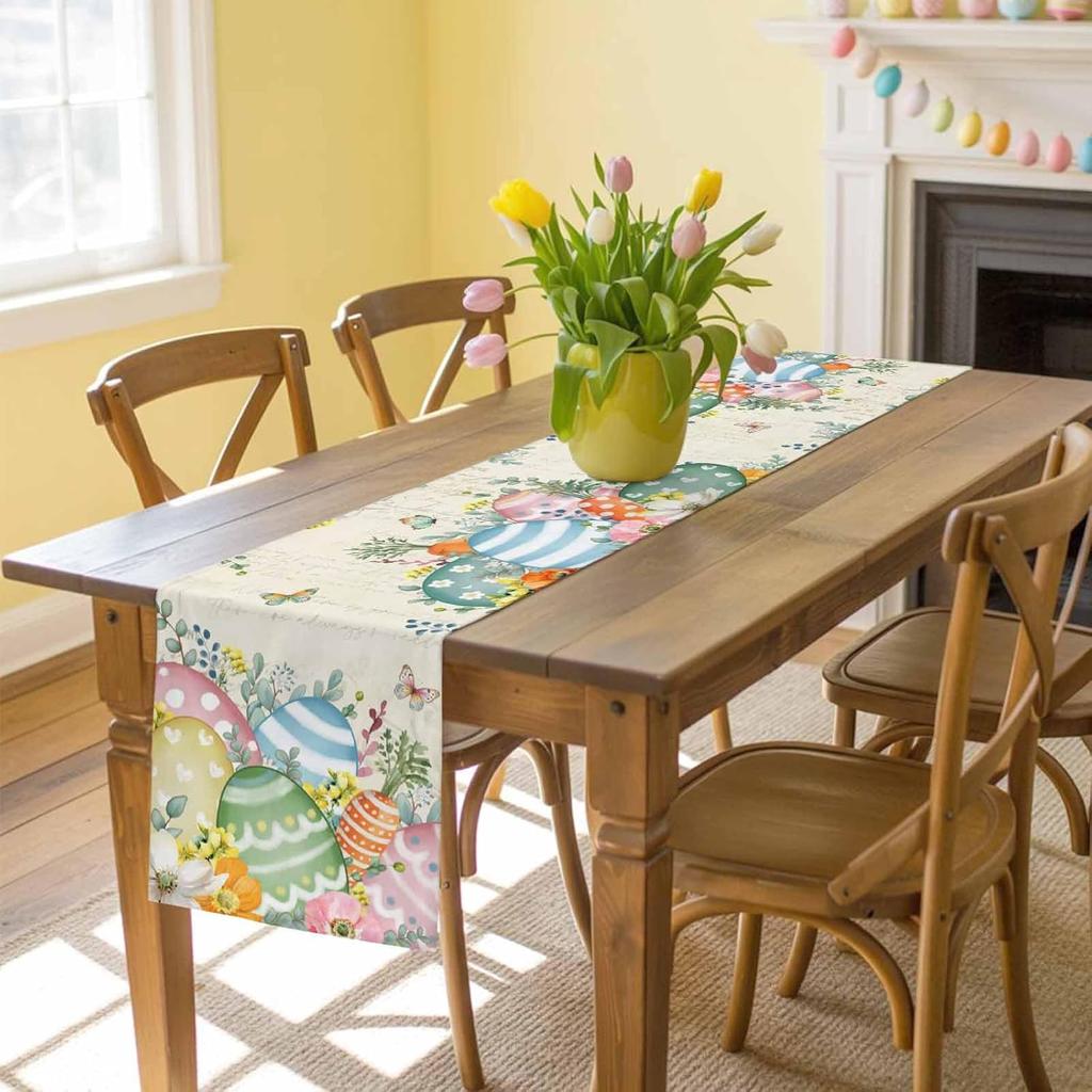 Easter Egg Linen Table Runner Home Party Decor Spring Spring Watercolor Floral Butterfly Plants Table Runners Easter Decorations