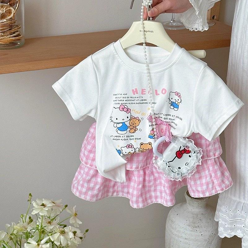 2025 Korean Style Girls' Trendy Plaid Two-Piece Set with Cartoon Short Sleeves