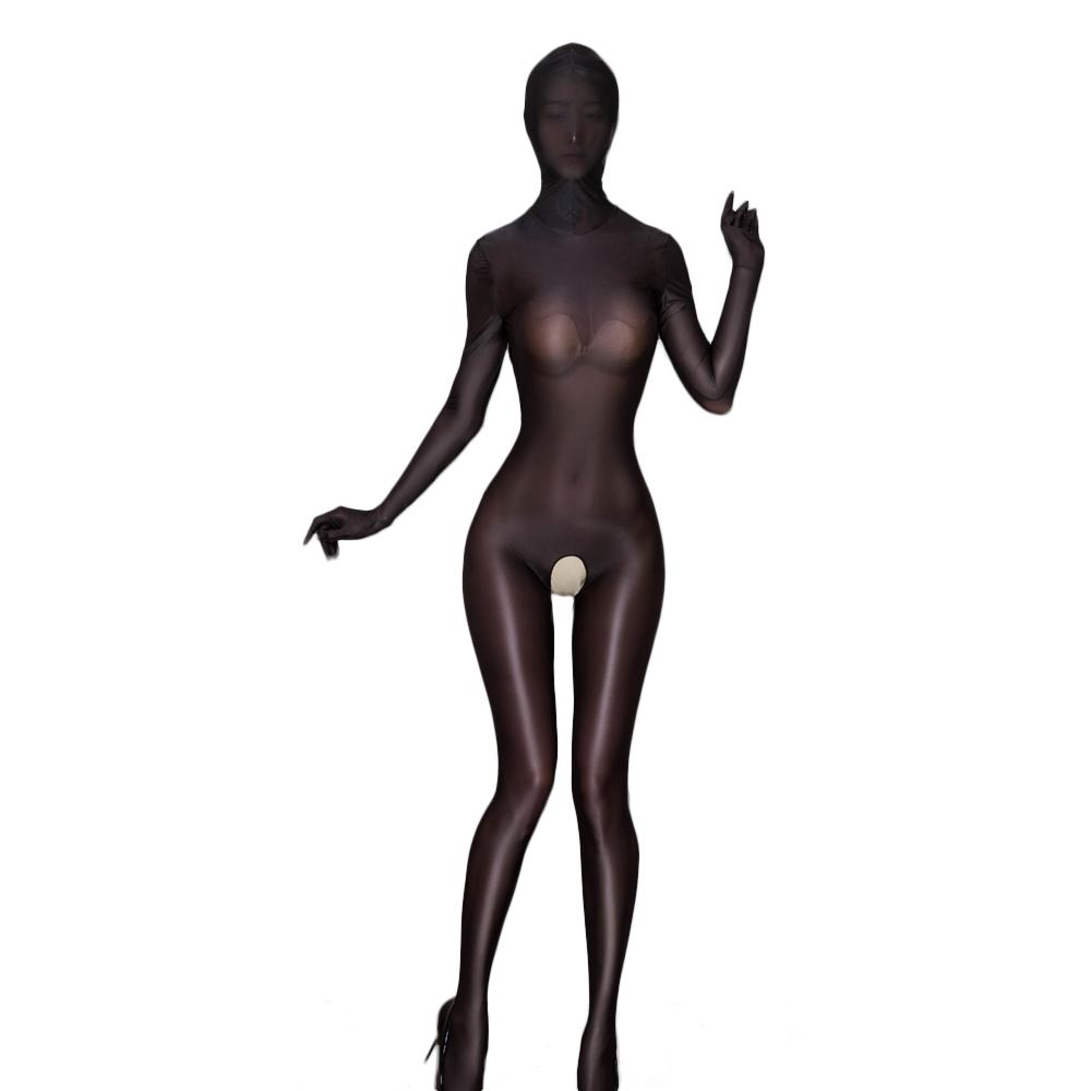 Cosplay Maid Leotard Oil Shiny Glossy Sexy Jumpsuits Women Full Cover Shapping Bodysuit Sheer See Through Elastic Tights